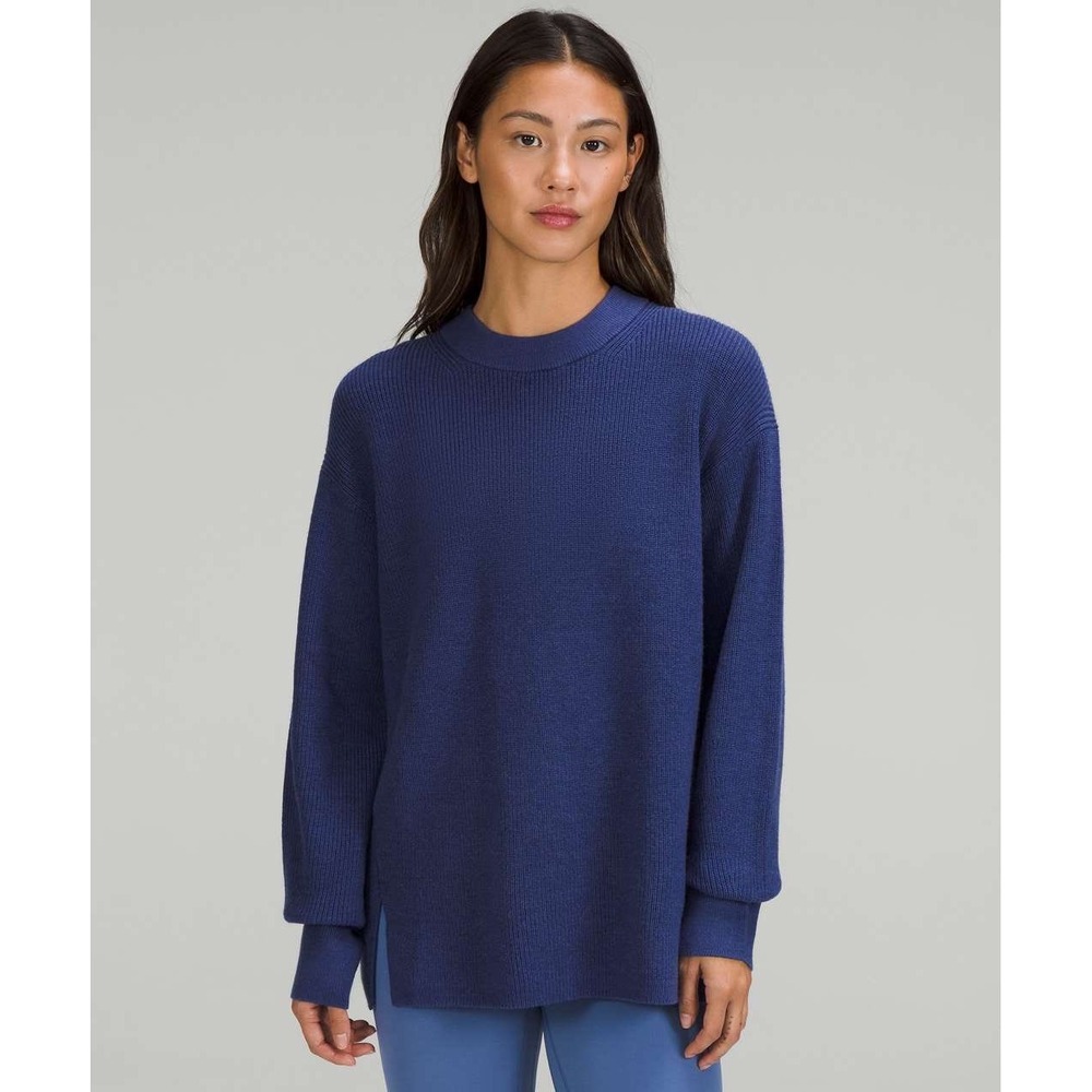 Lululemon Ribbed Crewneck Sweater Women 4 Blue Merino Wool Blend Minimalist Cozy